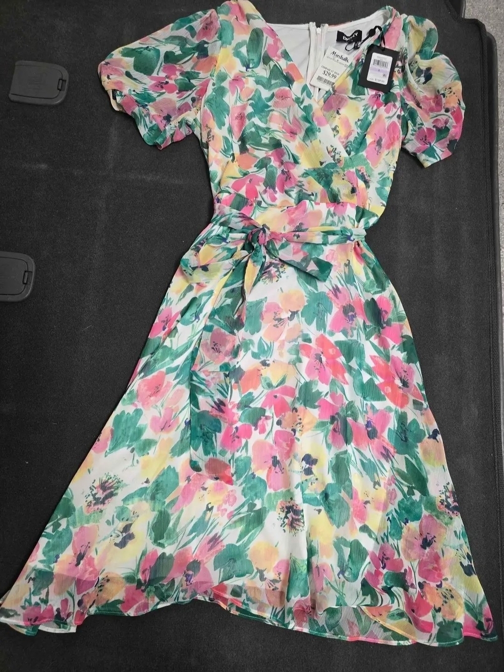 DKNY Floral Wrap Midi Dress in Pink, Green & Yellow